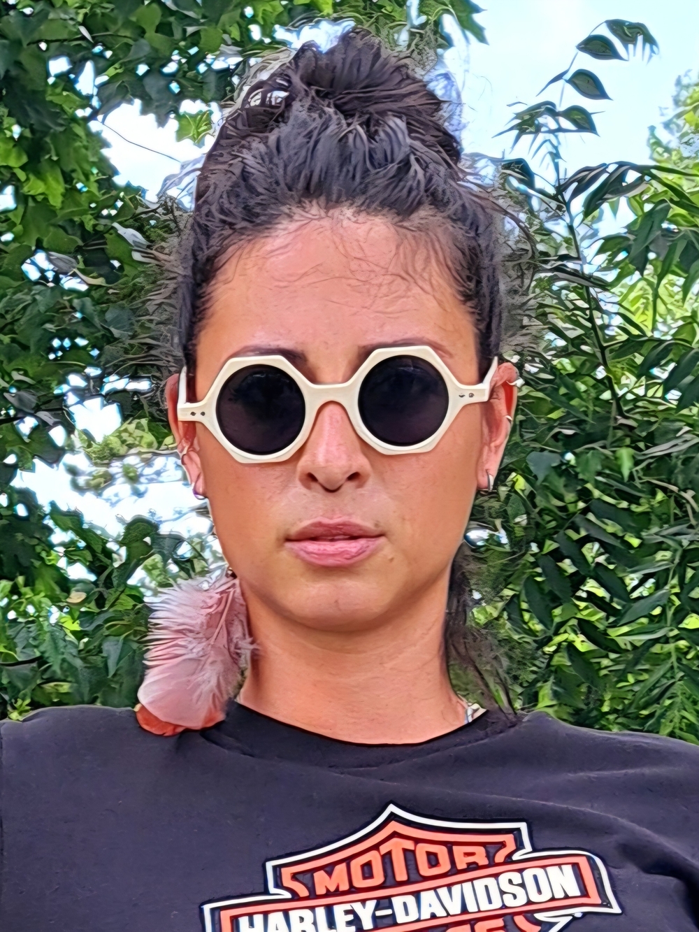 Cream Hexagonal-Frame Sunglasses with Black Lenses - Fashion Accessory